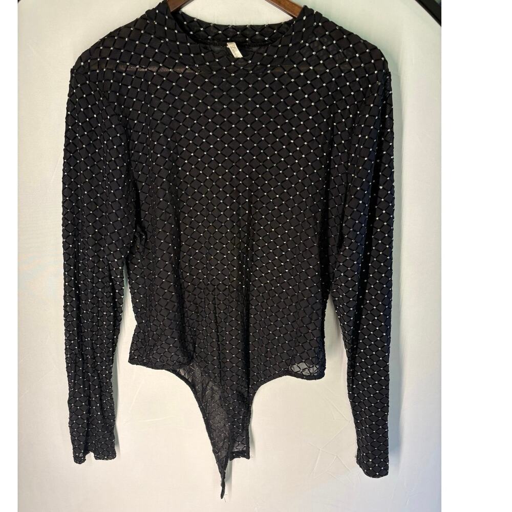 Whimsigoth Black Glitter Grid Mesh Long Sleeve Bodysuit shimmer sheer 3x stretch